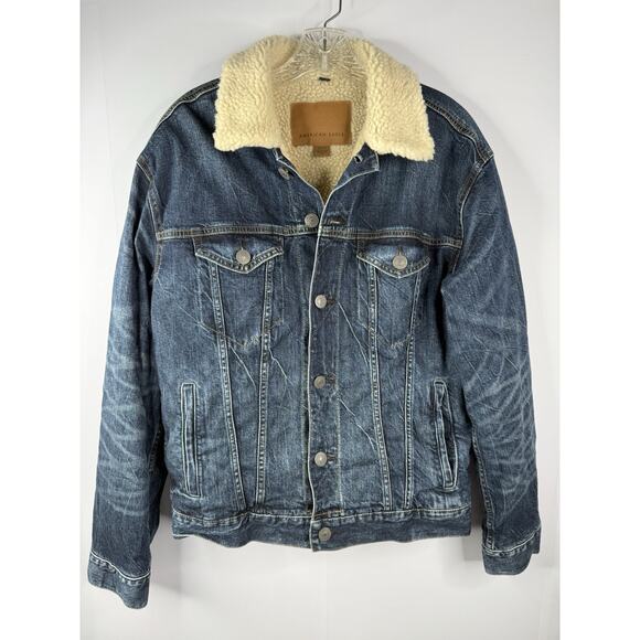 American Eagle Denim Jacket Mens Small Blue Sherpa Lined Bomber Trucker Biker - Picture 1 of 10